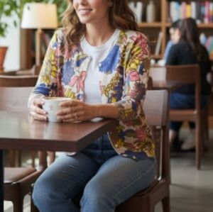 Trina Turk Retro Multicolor Floral Cardigan Sweater **See Measurements**